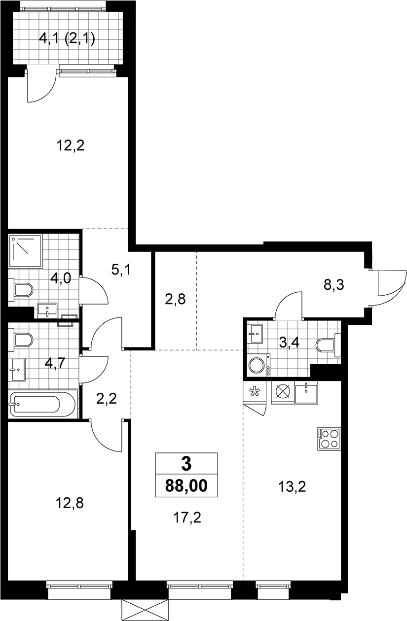 3-комн., 85.9 м², 3/8 этаж, ЖК «Дзен-кварталы»
