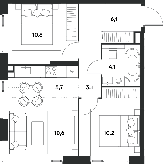 3-комн., 50.6 м², 2/30 этаж, ЖК «АЛИА»
