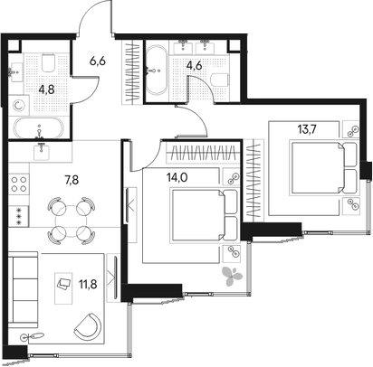 3-комн., 63.3 м², 16/20 этаж, ЖК «Клубный город на реке Примавера»