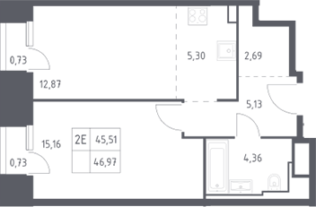 2-комн., 45.51 м², 22/30 этаж, ЖК «Скай Спутник»