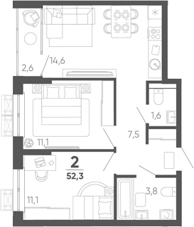 2-комн. квартира, 49.7 м² в ЖК Барса — фото 2