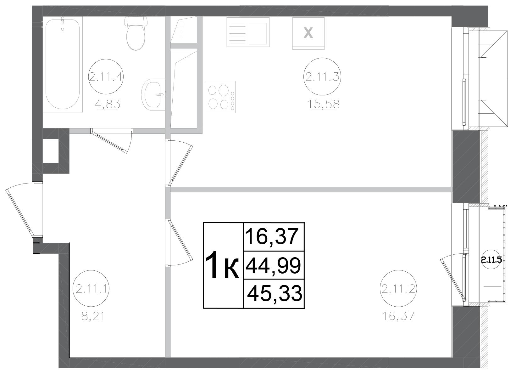 1-комн., 44.99 м², 3/17 этаж, ЖК «Авиатор-2»