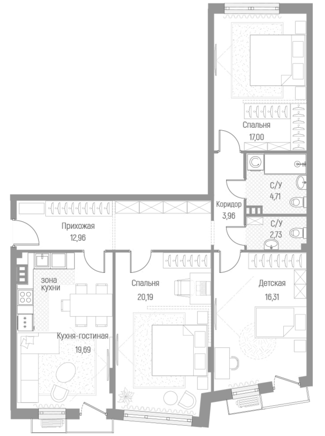 3-комн., 97.56 м², 3/4 этаж, ЖК «Эльйон»