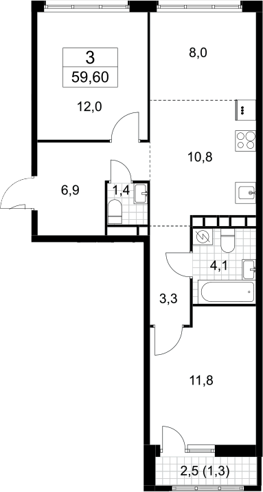 3-комн., 58.3 м², 9/10 этаж, ЖК «Родные кварталы»