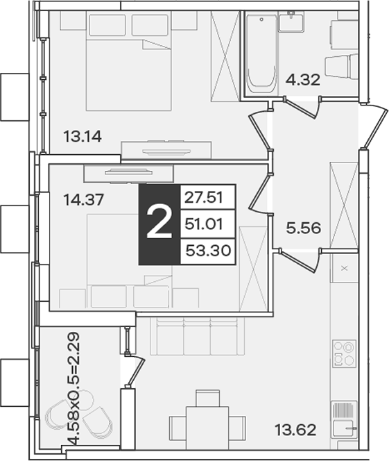 Продается 2-комн. квартира, 51.01 м²