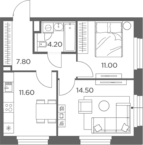 2-комн., 49.1 м², 16/20 этаж, ЖК «Белый Град»