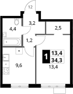 1-комн., 34.3 м², 16/16 этаж, ЖК «1-й Ясеневский»