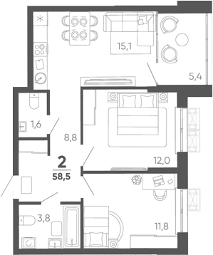 2-комн. квартира, 53.1 м² в ЖК Барса — фото 2