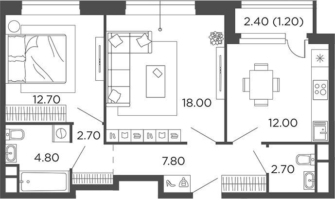 2-комн., 60.7 м², 5/12 этаж, ЖК «Филатов Луг»