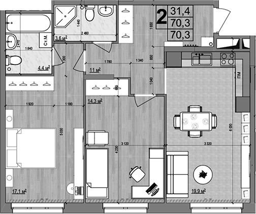 3-комн., 70.3 м², 2/18 этаж, ЖК «Гранд Комфорт»