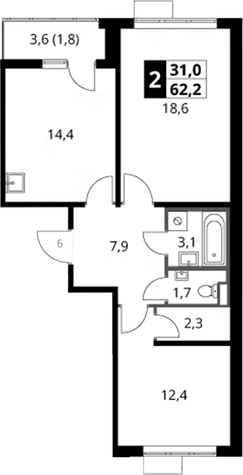 2-комн., 60.4 м², 24/24 этаж, ЖК «1-й Саларьевский»