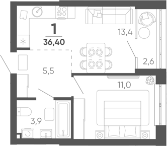 1-комн. квартира, 33.8 м² в ЖК Барса — фото 2