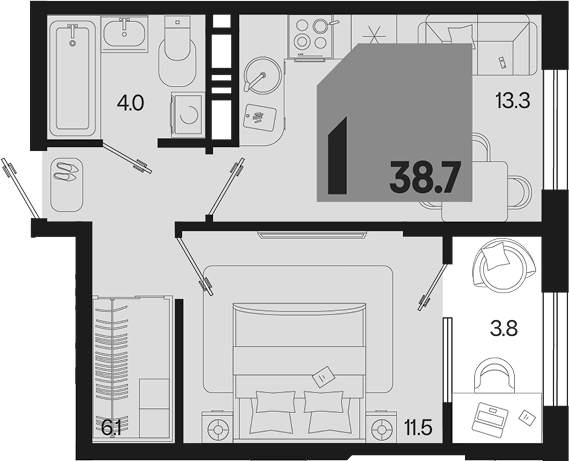 1-комн. квартира, 34.9 м² в ЖК Первое место — фото 2