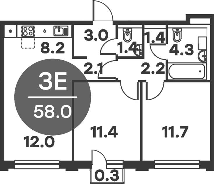 3-комн., 57.7 м², 5/6 этаж, ЖК «Равновесие»