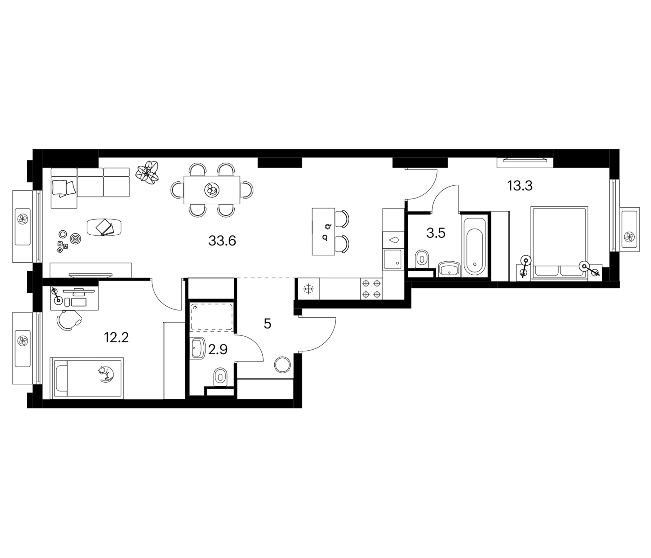2-комн., 70.5 м², 2/19 этаж, ЖК «Белая Дача парк»