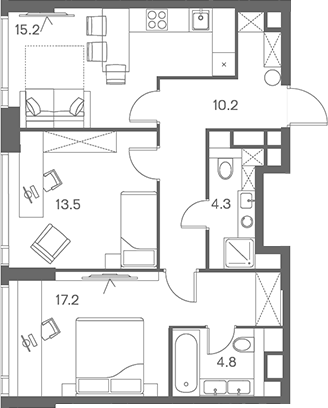 2-комн., 65.2 м², 20/43 этаж, ЖК «ЛОТ от Аквилон»