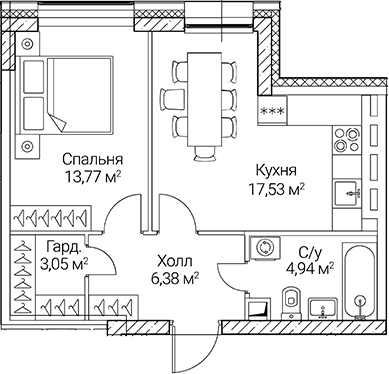 2-комн., 45.67 м², 41/51 этаж, ЖК «СЕЗАР СИТИ»