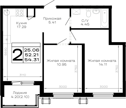 Продается 2-комн. квартира, 52.21 м²