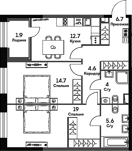 2-комн., 67.3 м², 22/33 этаж, ЖК «ЭРА»