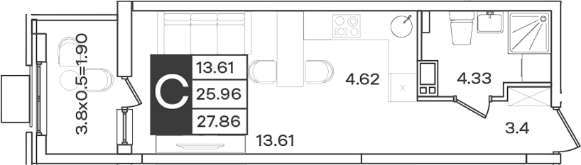 Продается 1-комн. квартира, 25.96 м²