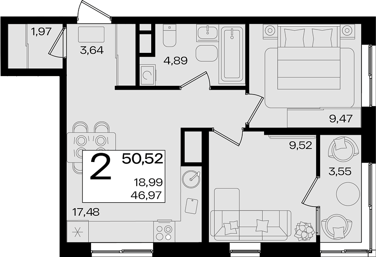 3-комн. квартира, 46.97 м² в ЖК Патрики — фото 2