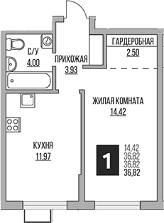 1-комн., 36.82 м², 17/17 этаж, ЖК «Гранель Алексеевская роща»