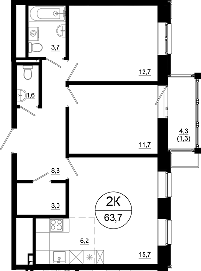 3-комн., 62.4 м², 4/24 этаж, ЖК «Союзный»