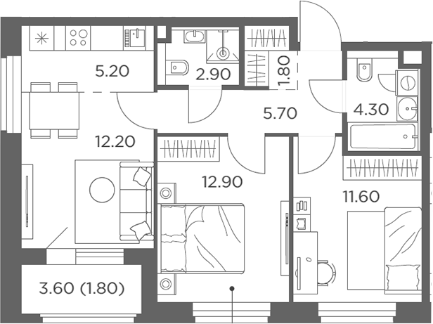 3-комн., 56.6 м², 13/20 этаж, ЖК «Белый Град»