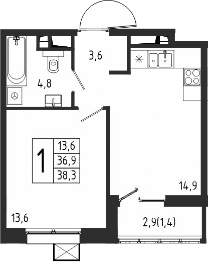 1-комн., 36.9 м², 8/10 этаж, ЖК «Берег»