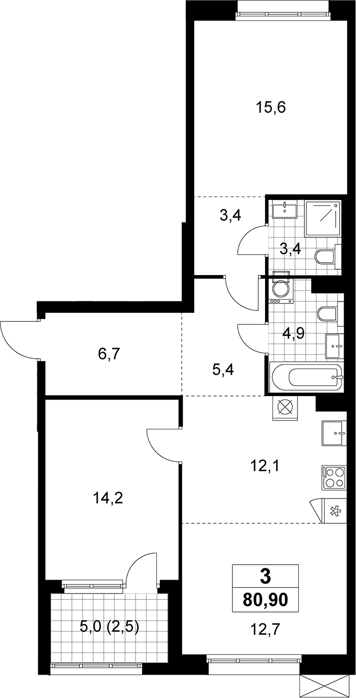 3-комн., 78.4 м², 5/12 этаж, ЖК «Дзен-кварталы»