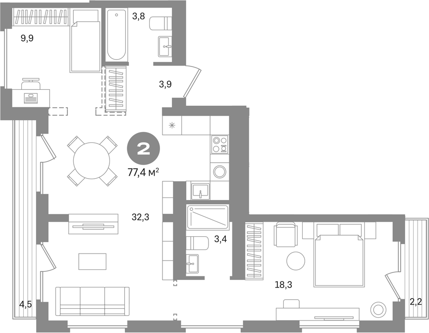 2-комн., 70.7 м², 8/8 этаж, ЖК «Первый квартал. Вторая очередь»
