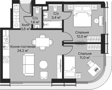 3-комн., 54.61 м², 18/53 этаж, ЖК «Сити Бэй»