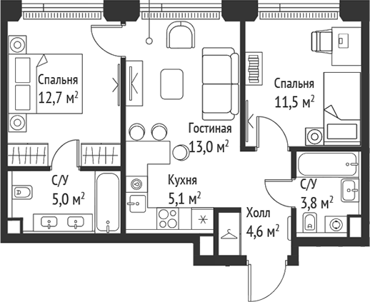3-комн., 55.7 м², 43/52 этаж, ЖК «СЕТ»