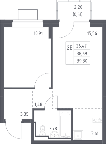 2-комн., 38.69 м², 12/12 этаж, ЖК «Богдановский лес»