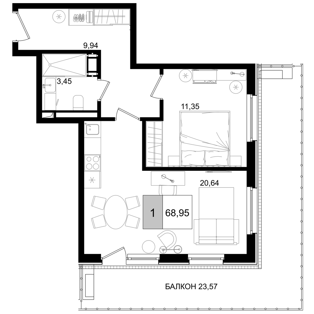 2-комн., 45.38 м², 2/8 этаж, ЖК «IT гостиничный комплекс Корсаков»