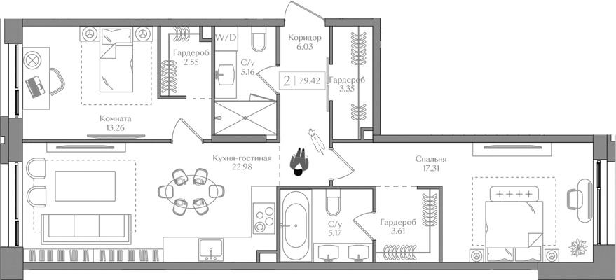 3-комн., 79.42 м², 2/16 этаж, ЖК «Преображенская площадь»