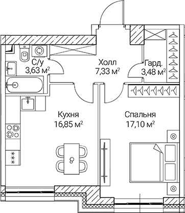 1-комн., 48.39 м², 20/51 этаж, ЖК «СЕЗАР СИТИ»