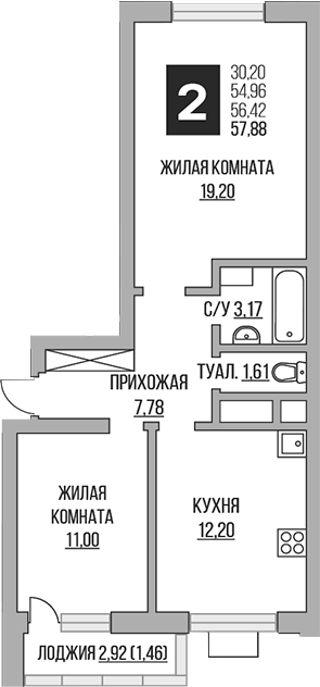 2-комн., 54.96 м², 20/23 этаж, ЖК «Гранель Ильинойс»