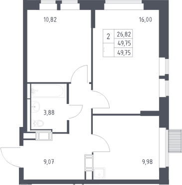2-комн., 49.75 м², 25/25 этаж, ЖК «Большое Путилково»