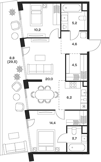 3-комн., 68.8 м², 19/24 этаж, ЖК «СОУЛ»