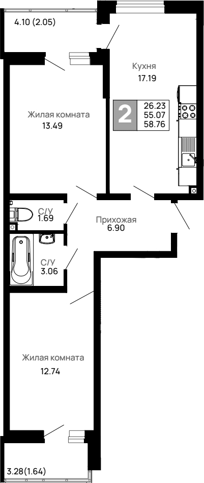 2-комн. квартира, 55.07 м² в ЖК Долина — фото 2