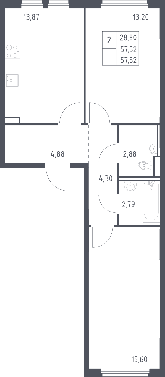 2-комн., 57.52 м², 12/15 этаж, ЖК «Пригород Лесное»