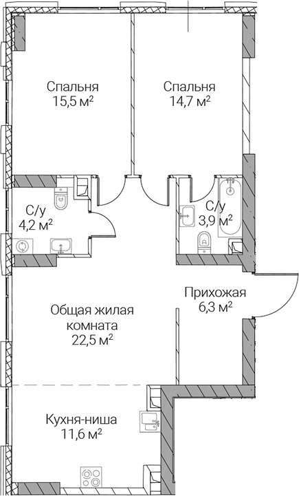 3-комн., 78.7 м², 7/51 этаж, ЖК «СЕЗАР СИЛИКА»