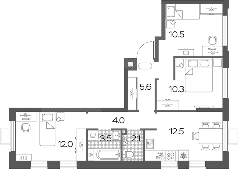 3-комн., 60.5 м², 10/10 этаж, ЖК «Лучи»