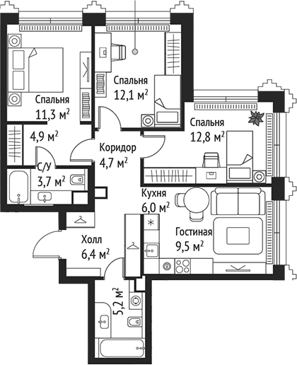 4+ комнаты, 76.6 м², 42/59 этаж, ЖК «СЕТ»