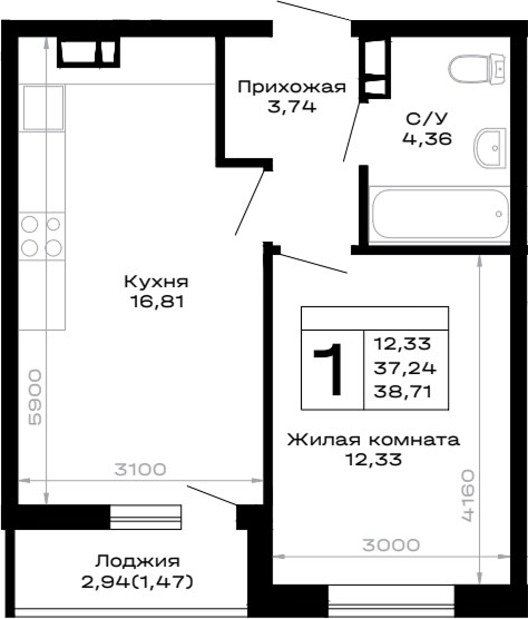 1-комн., 37.24 м², 9/12 этаж, ЖК «Горные высоты»