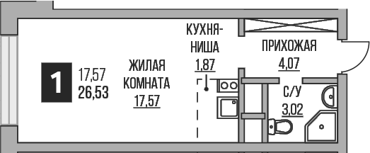 Студия, 26.53 м², 2/25 этаж, ЖК «Гранель Пехра»