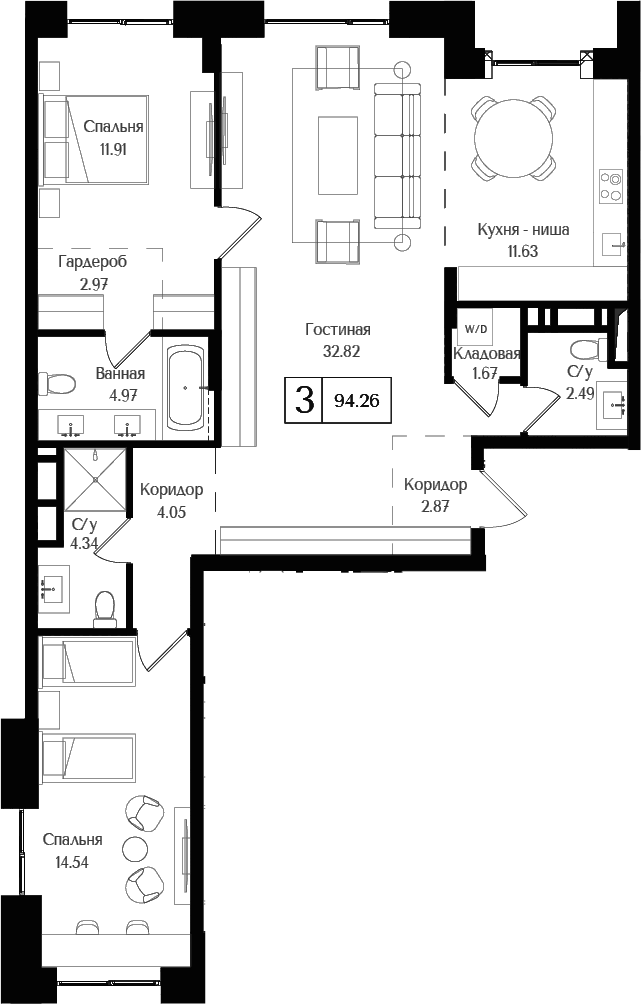 3-комн., 94.26 м², 17/17 этаж, ЖК «Преображенская площадь»
