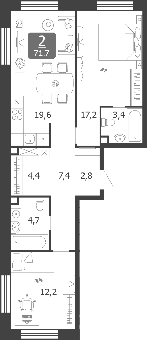 3-комн., 71.7 м², 14/19 этаж, ЖК «Шагал»