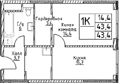 1-комн., 43.4 м², 20/29 этаж, ЖК «Наметкин Тауэр»